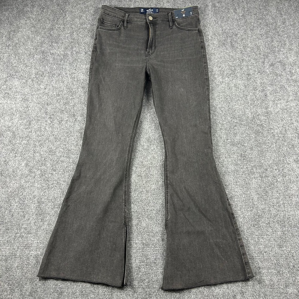 Hollister Jeans Womens 13R 31 Black High Rise Flare Soft Stretch Raw Hem‎ New